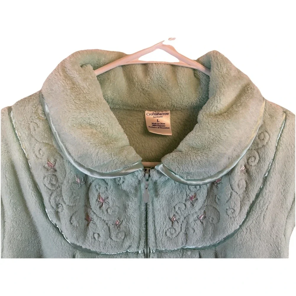 CROFT‎ & BARROW SZ L Mint ROBE WARM COZY Pockets SOFT FEEL Full Zip EMBROIDERED